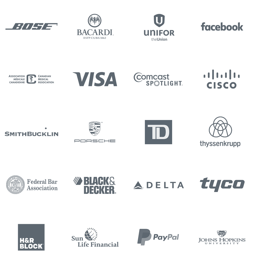 EventMobi Event App Finance Client Logos: Bose, IEEE, Bacardi, Porche, Visa, TD bank, Tyco, Cisco, Delta Airlines, Black & Decker, Comcast Spotlight, Canadian Medical Association, Thyssenkrupp, Smithbucklin, Federal Bar Association, Johns Hopkins University
