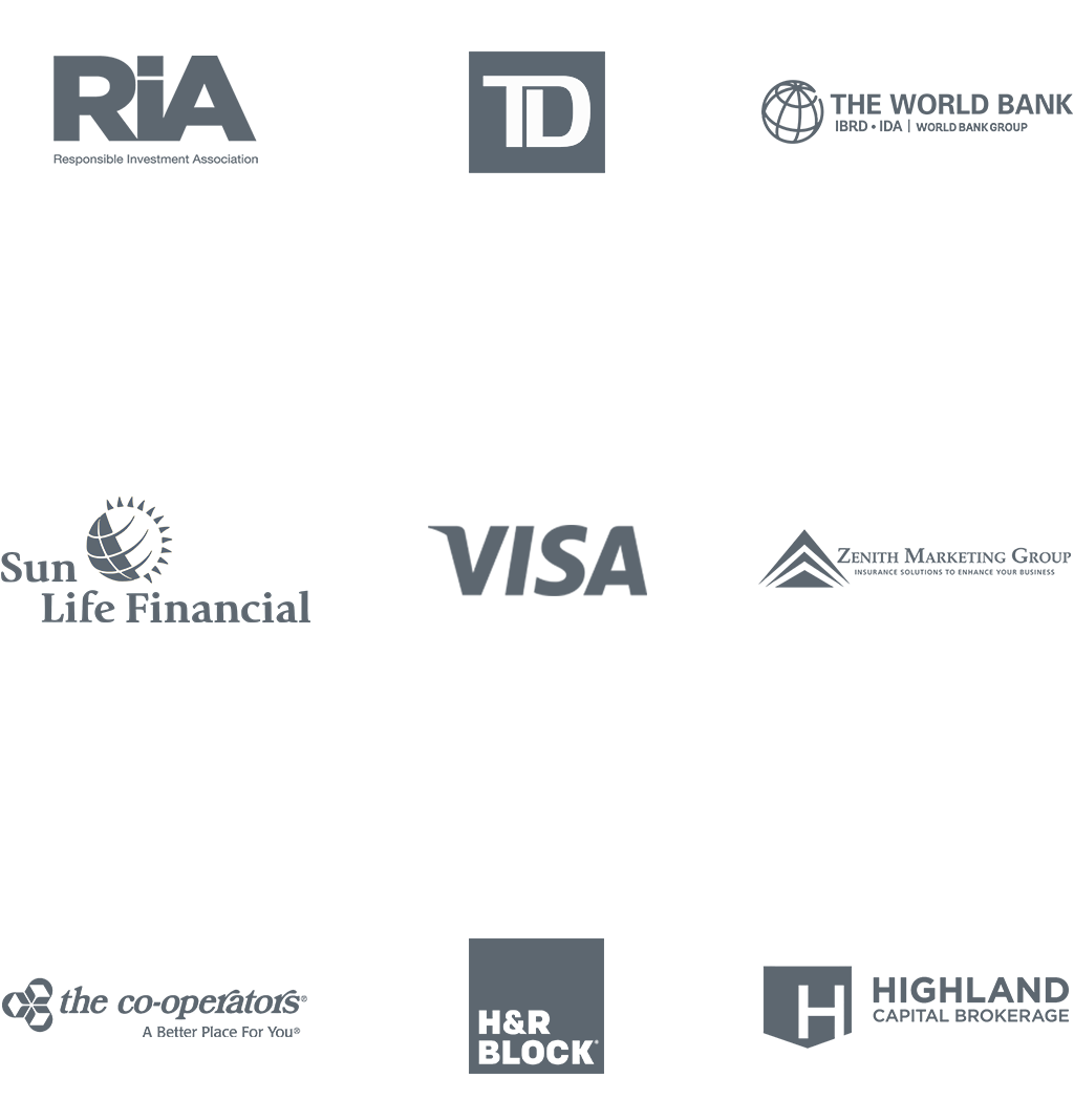 Our Client Logos Including: RIA, TD Bank, The World Bank, Sun Life Financial, Visa, Zenith Marketing Group, The Co-oporators, H&R Block, Highland Capital Brokerage
