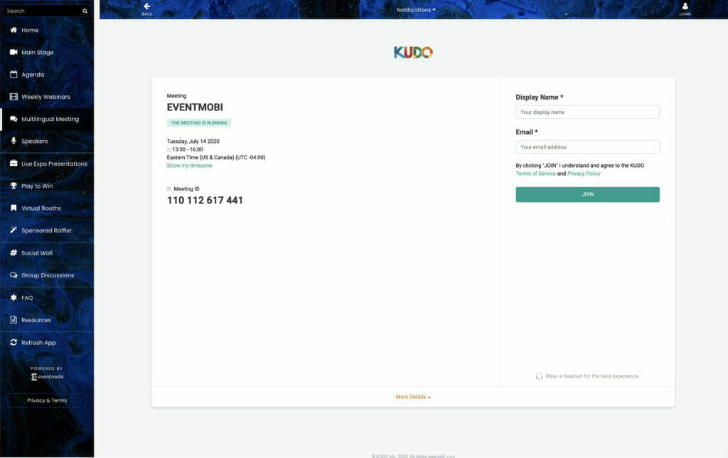Einfacher Zugang zum Live-Dolmetschen von Kudo im virtuellen Eventportal