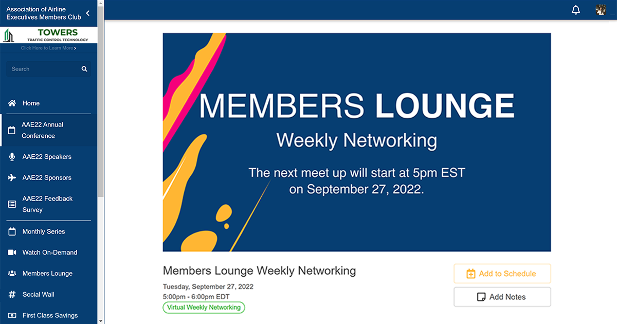 A 'Members Lounge' acts as a weekly networking hub for event community members on an event platform.