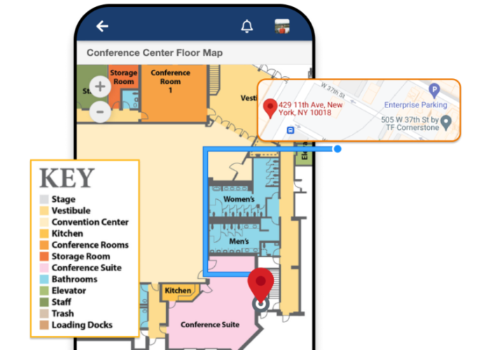 Ein Smartphone, das eine Veranstaltungsort-Skizze mit Markierung am Konferenzraum zeigt; daneben ein Pop-up mit Google-Maps-Eintrag zum Veranstaltungsort.
