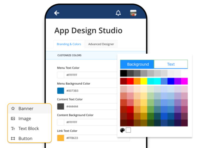Smartphone mit einer App-Design-Studio-Ansicht; daneben Pop-ups mit verschiedenen Widgets, die sich auf den Startbildschirm ziehen lassen; zudem ein Pop-up zur Anpassung der Hintergrundfarbe.