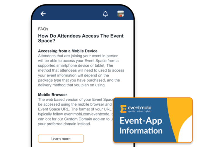Ein Smartphone, auf dem FAQs zu einer Veranstaltung geöffnet sind; zudem ein Pop-up, das den werblichen Schriftzug „Event-App Information“ zeigt.