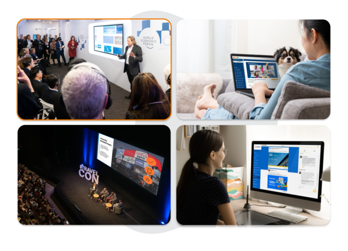 Vier Fotos von unterschiedlich konzipierten virtuellen und hybriden Seminaren, Konferenzen und Meetings mit Referenten, mit Teilnehmenden vor Ort und mit Remote-Publikum.