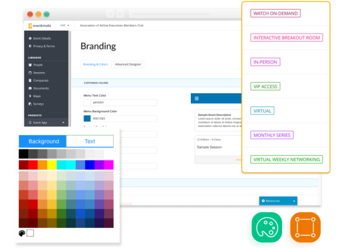 Screenshot von einer Branding-Seite, daneben ein Pop-up für die Farbgestaltung, ein anderes zur Anpassung von Verläufen bei Programmpunkten und außerdem Icons, die sich auf Branding-Aspekte beziehen.