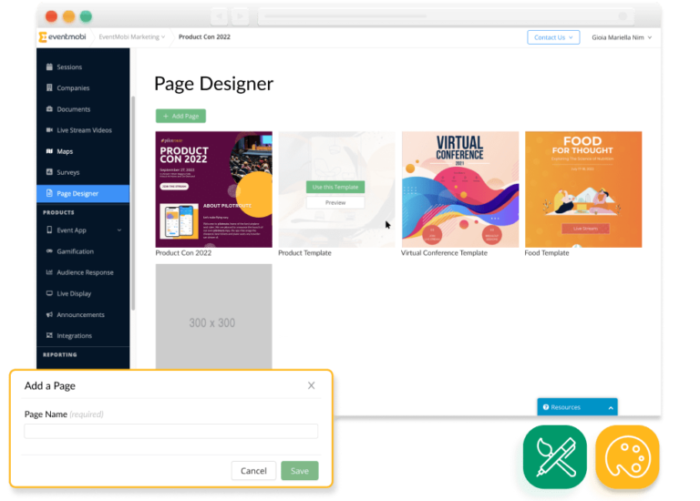 Screenshot von Designvorlagen aus dem Page Designer von EventMobi; an der Seite ein Pop-up, das zum Hinzufügen einer Seite auffordert, sowie Branding-spezifische Icons.