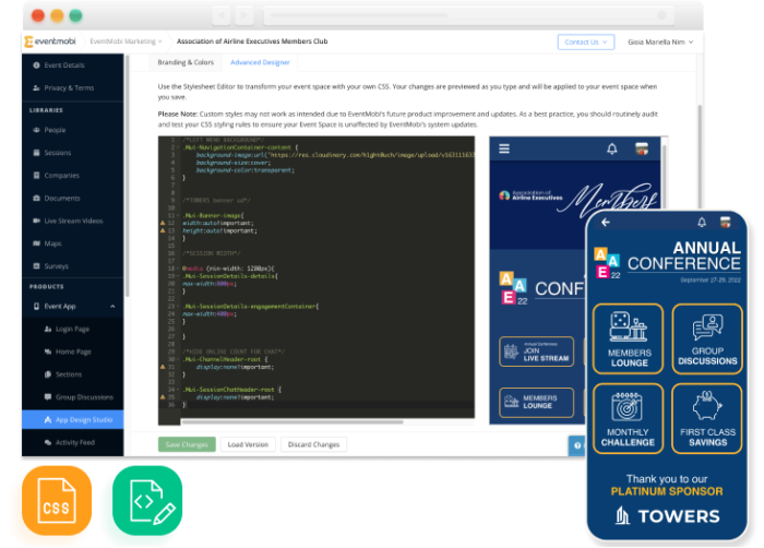 Screenshot von EventMobis Advanced Designer mit CSS-Codes und einer Vorschau auf das Eventportal; zudem ein Smartphone, auf dem das finale Layout für CSS-Codes zu sehen ist, und auf CSS und Coding bezogene Icons.