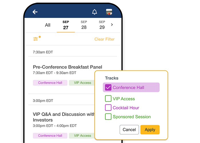 A mobile phone showing all the in-person sessions, and the popup shows the session track filter options with Conference Hall highlighted.