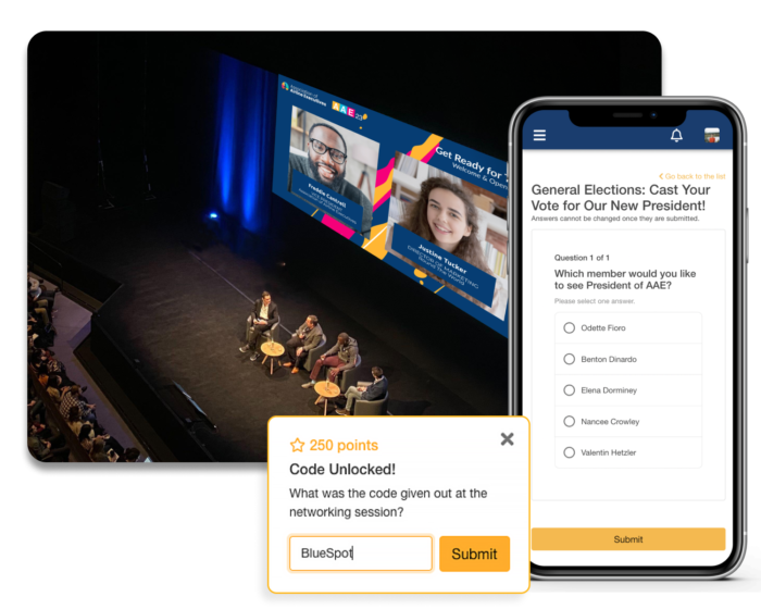An in-person event with a live audience, with a popup of a mobile phone showing a poll. Another popup shows one of the gamification challenges of the event.