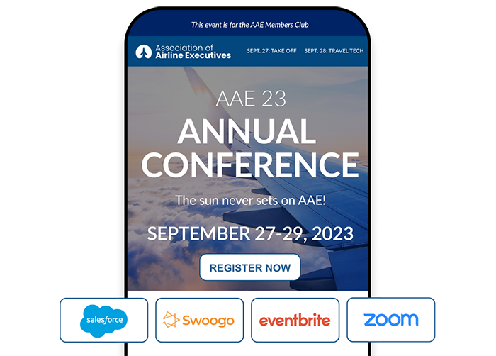 A mobile phone showing a registration landing page, with pop-ups of different apps that EventMobi can integrate with, including Salesforce, Swoogo, Eventbrite, and Zoom.