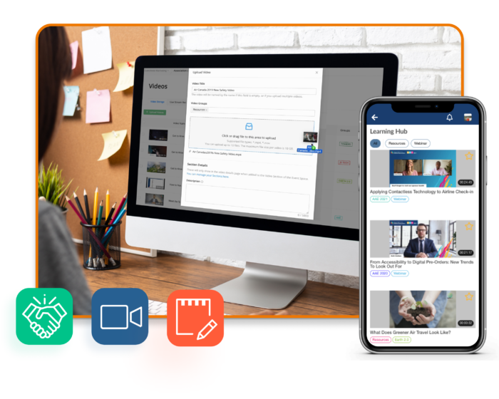 Image: A event organizer uploading a video to the Experience Manager’s Video Library, a Video Library on an event app titled “Learning Hub,” and 3 illustrated colorful icons.