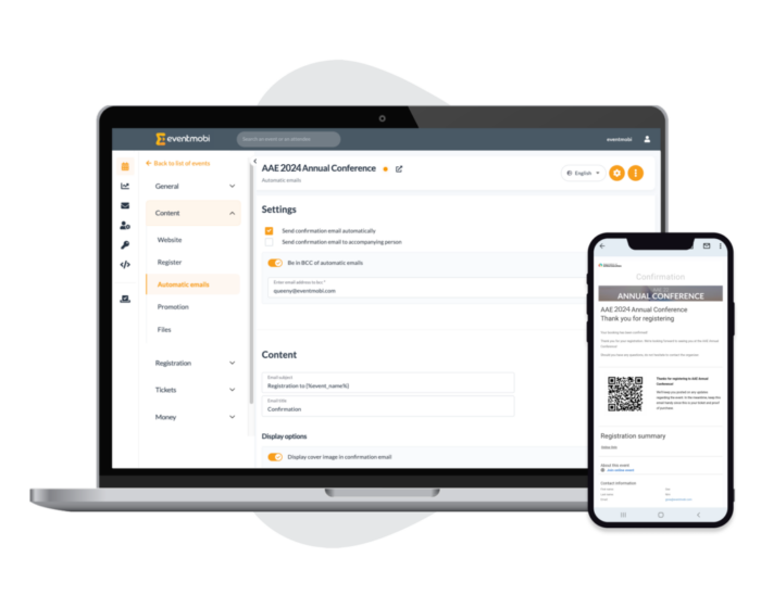 An event registration confirmation email is set up on a laptop and a registration confirmation email with the attendee QR code on mobile