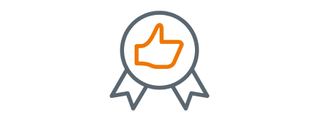 Stylized icon of an awards ribbon with thumbs up hand outline on round medallion