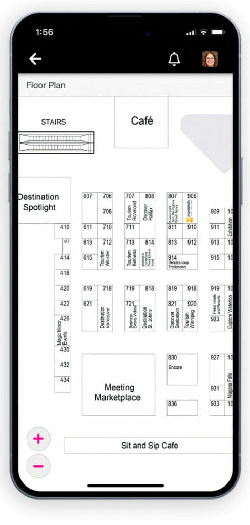 A screenshot of the CMEE Mobile Event App's Interactive Event Map showcasing the event's floor plan, key locations and exhibitor booths. 