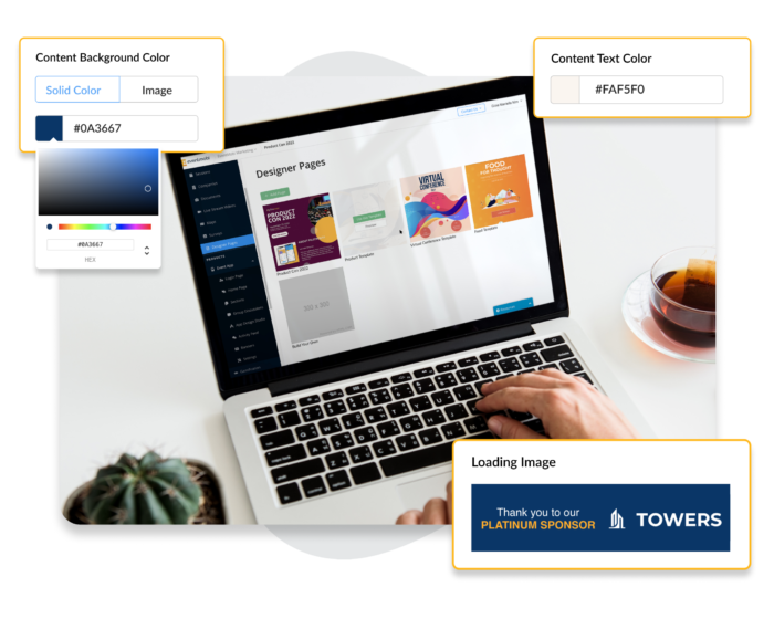 Event planner views Experience Manager interface with Designer Pages on laptop. Overlaid user interface elements show color pickers and image loading options.