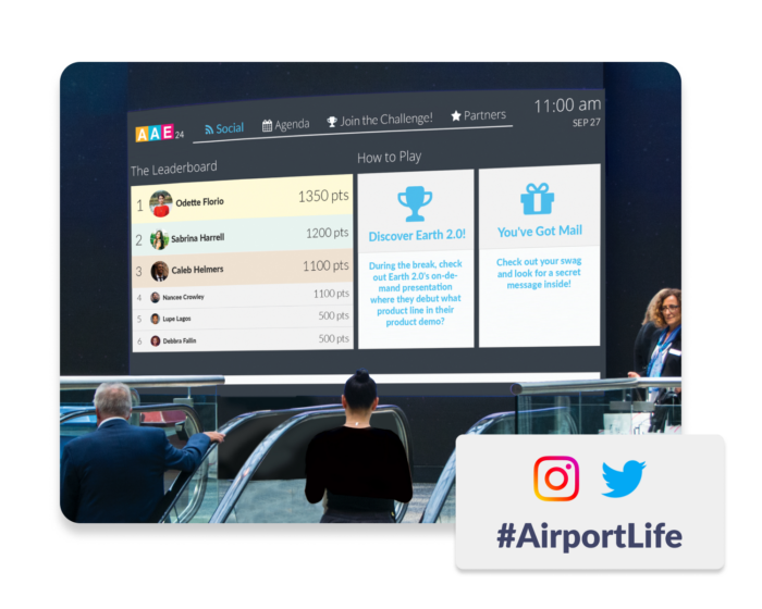 A Live Display at an in-person event, showcasing a leaderboard, a message from the event’s sponsor, and a notification to attendees. A popup displays the event’s hashtag #AirportLife.