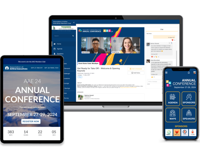 A smartphone showing the EventMobi Event App, a laptop showing an active EventMobi virtual session, and tablet showing a registration landing page.