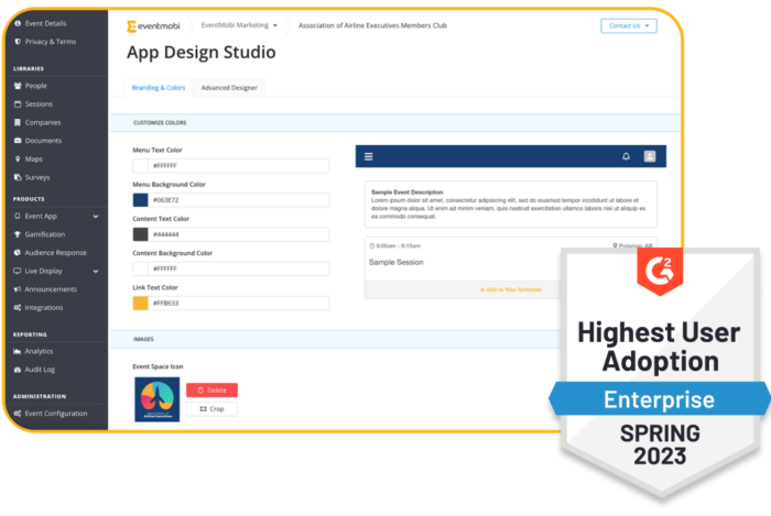App Design Studio UI with G2 badge for Highest User Adoption (Enterprise) Spring 2023