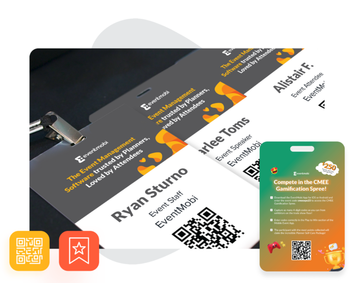 Image: Three event badges designed with EventMobi, each listing the event name, the attendee, their role, their company, and a QR code.