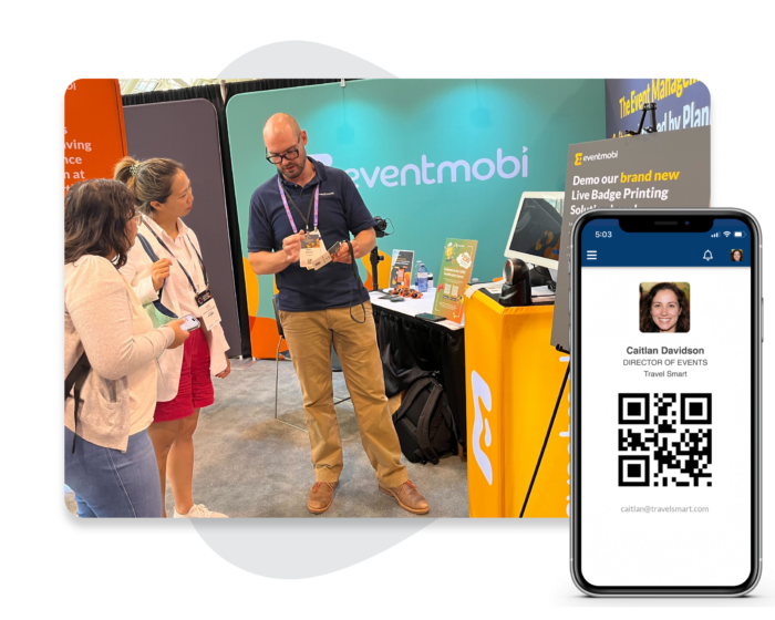 Image: A person at a tradeshow standing next to a branded EventMobi badge printing kiosk.