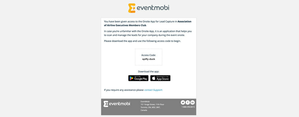 Screenshot of an email sent from EventMobi to an attendee to provide an access code to the Onsite App.