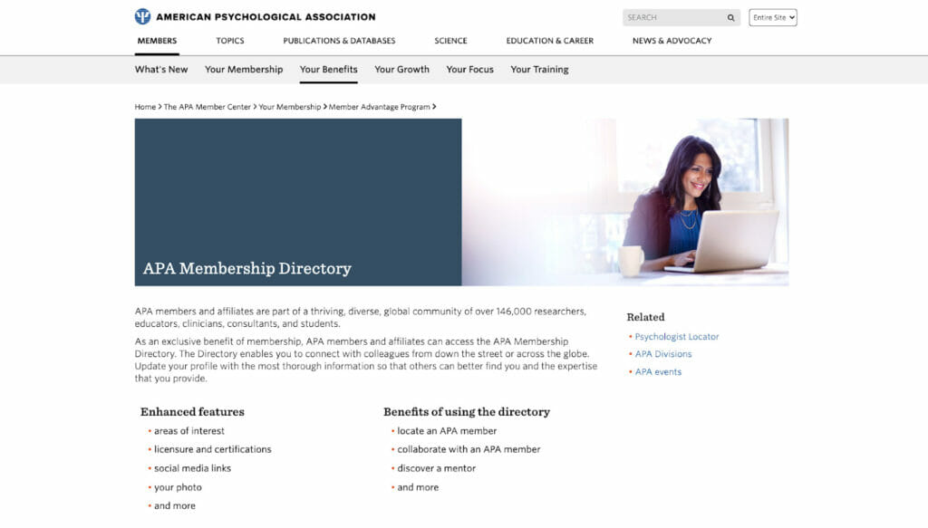 Screenshot of the American Psychological Association's membership directory page.