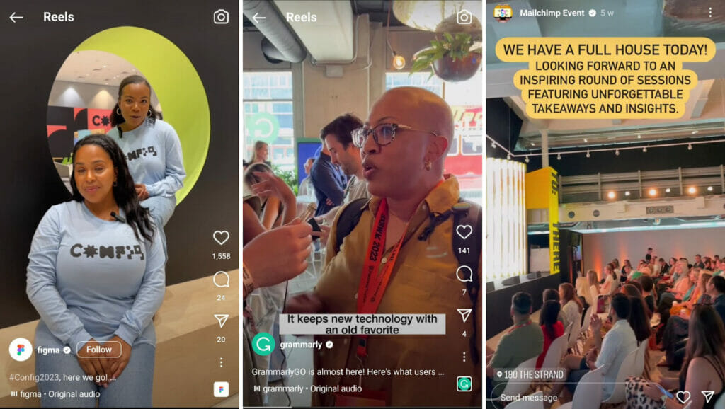 Screenshots from the Instagram accounts of Figma, Grammarly, and Mailchimp, depicting social events. Attendees are discussing the events or seated waiting in front of a stage with relevant captions.