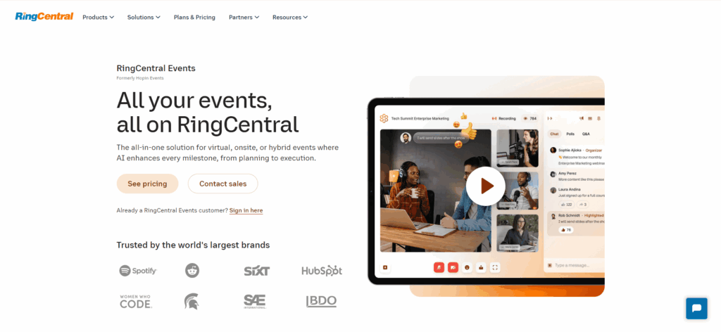 RingCentral Events’ homepage