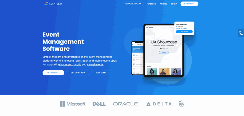 Screenshot of Eventleaf’s homepage