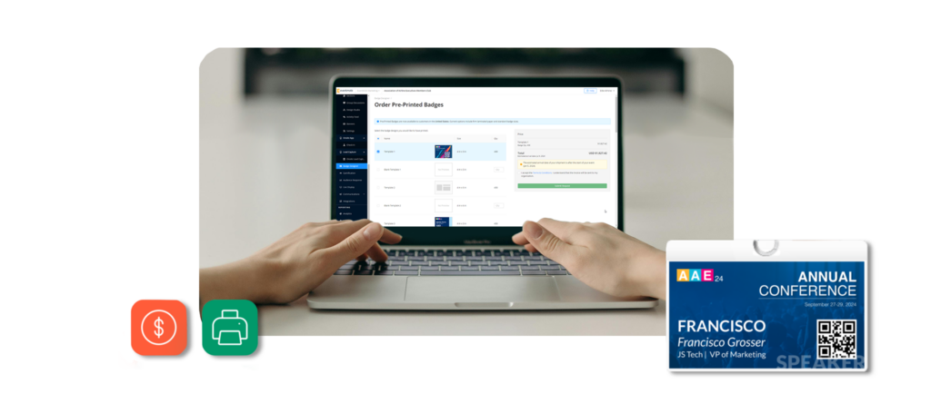 An event planner ordering pre-printed badges through EventMobi’s event badge printing software. On the right a badge final print is shown.