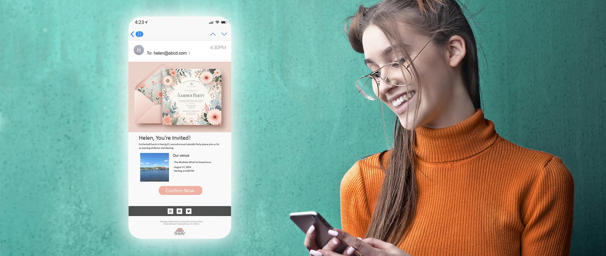 Woman with glasses looking at her phone, alongside a floating popup of the personalized invitation to an outdoor event she just received.