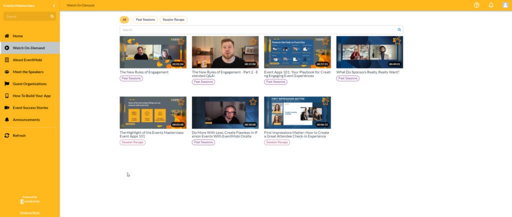 Screenshot of EventMobi's on-demand video library.