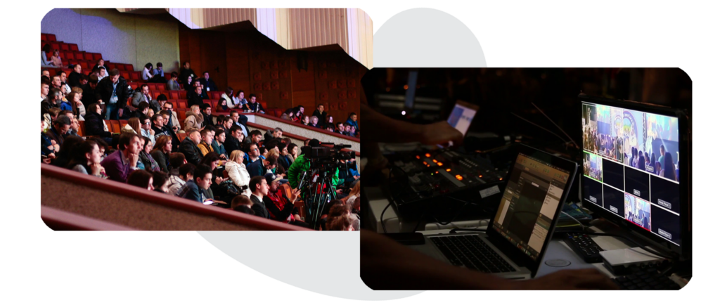 To the left a theater full of association chapter members attending an educational conference, on the right a production team streams the event online as part of a hybrid event strategy.