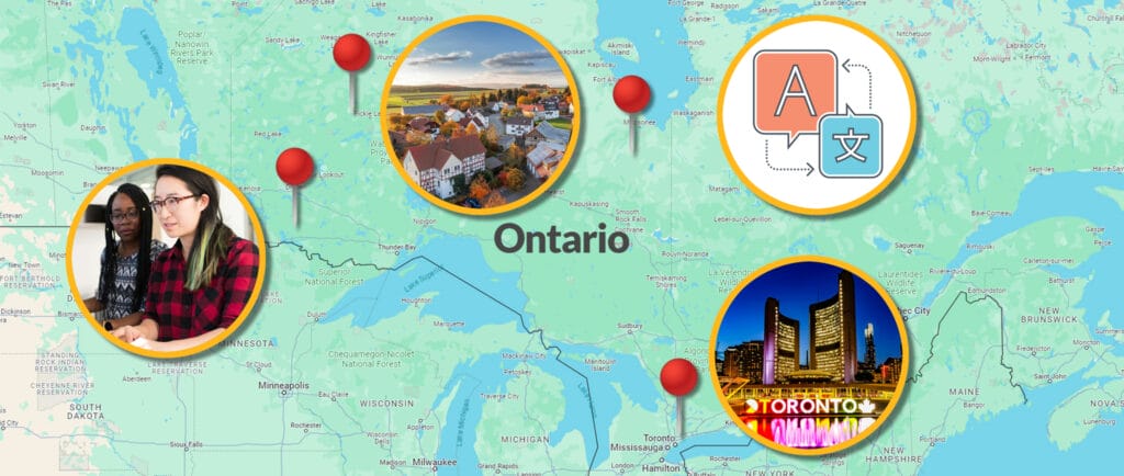 Map of Ontario showing the diverse conditions and experiences of association chapter members, in geographical, cultural and linguistic terms.