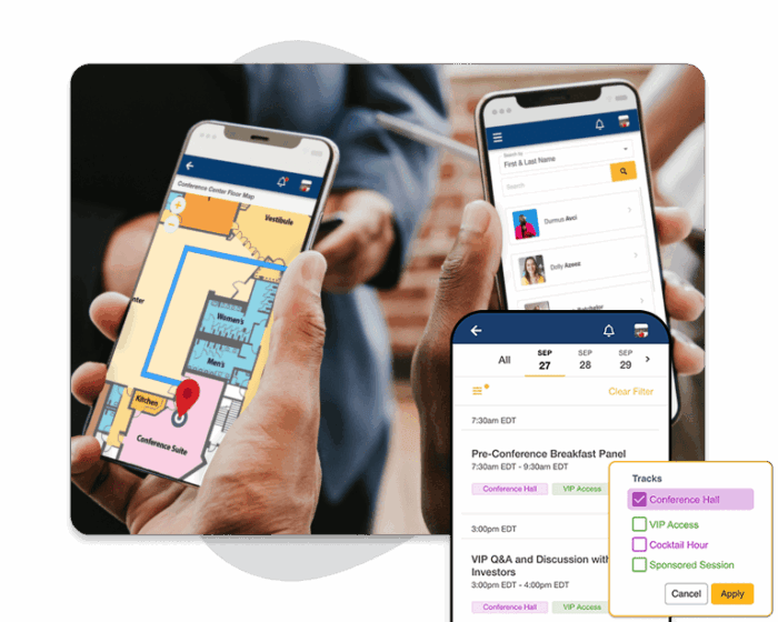 Two people using a venue map and attendee directory with a close up of EventMobi’s event management software for nonprofits on a mobile device.