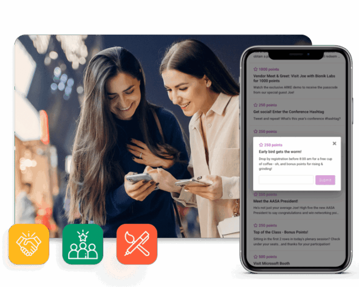 Two women using their phones with a close up of EventMobi’s event management software for nonprofits on a mobile device.