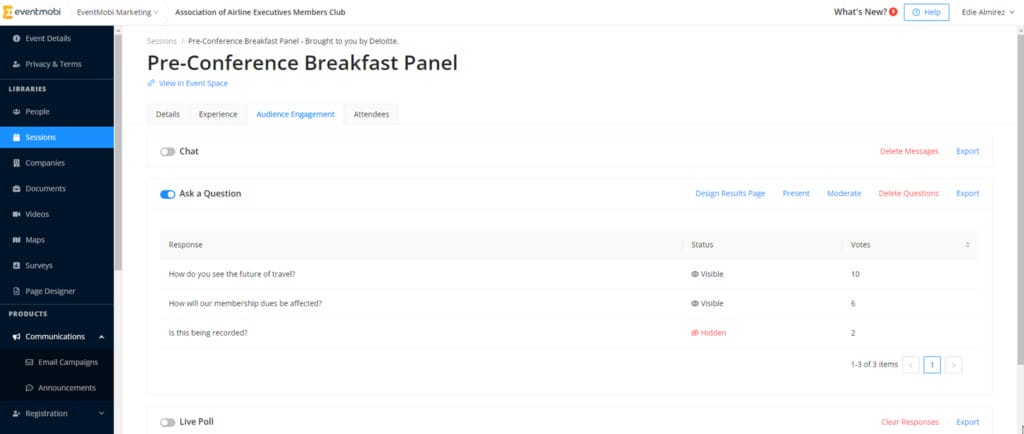 Screenshot of EventMobi's Experience Manager, showing the Audience Engagement features that can be easily added to Sessions. 