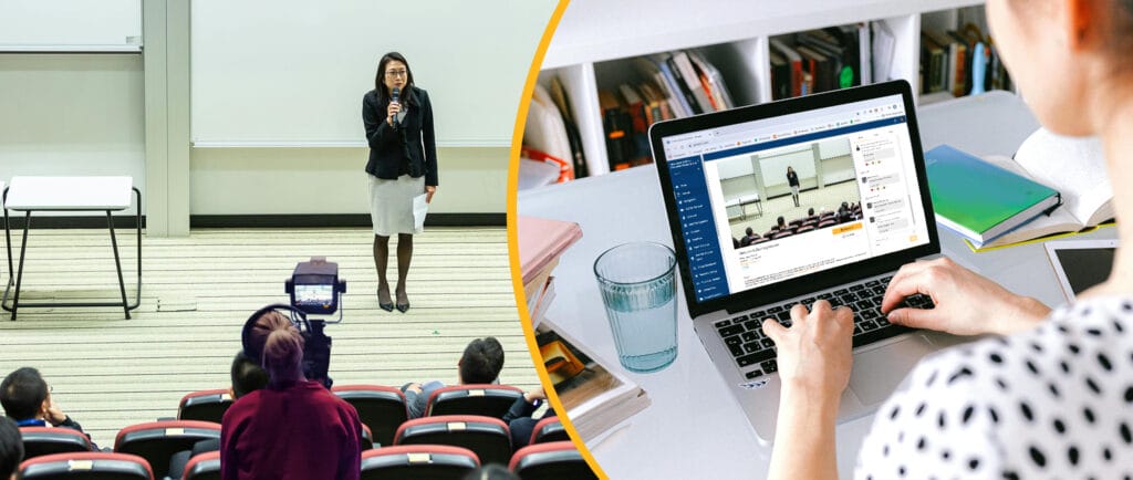 Image showing a hybrid event. On the left a speaker is giving a conference in an auditorium while the session is being recorded. On the right, a young woman on a laptop is watching a recording of the conference using the EventMobi Platform.