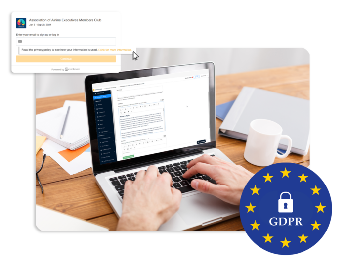 Event organizer creating a Privacy Policy in EventMobi’s CMS that is GDPR compliant. An icon on the bottom right indicates that EventMobi adheres to GDPR requirements.