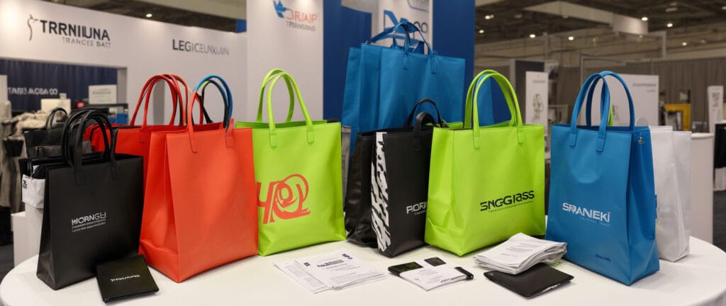 Branded gift bags containing conference swag items, laying on a table at the entrance of a trade show floor.