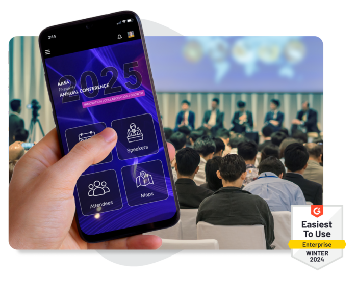 Someone using a branded partner event app created using EventMobi at a conference.