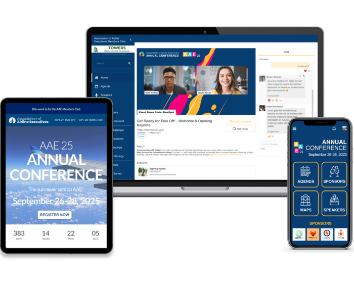 A smartphone showing the EventMobi Event App, a laptop showing an active EventMobi virtual session, and tablet showing a registration landing page.